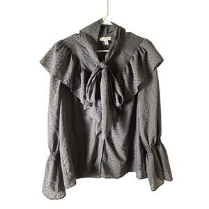Topshop Gray Polka Dot Ruffled Blouse Tie Neck & Flared Sleeves Women's 10 US